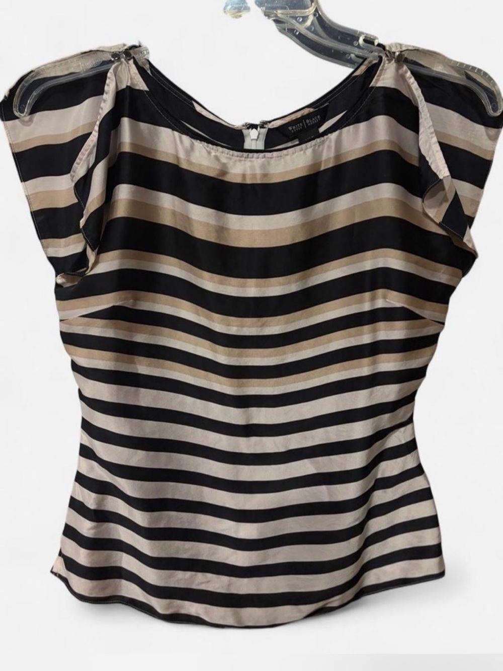 White House Black Market Black and Champagne Striped Cap-Sleeve Silk Blouse